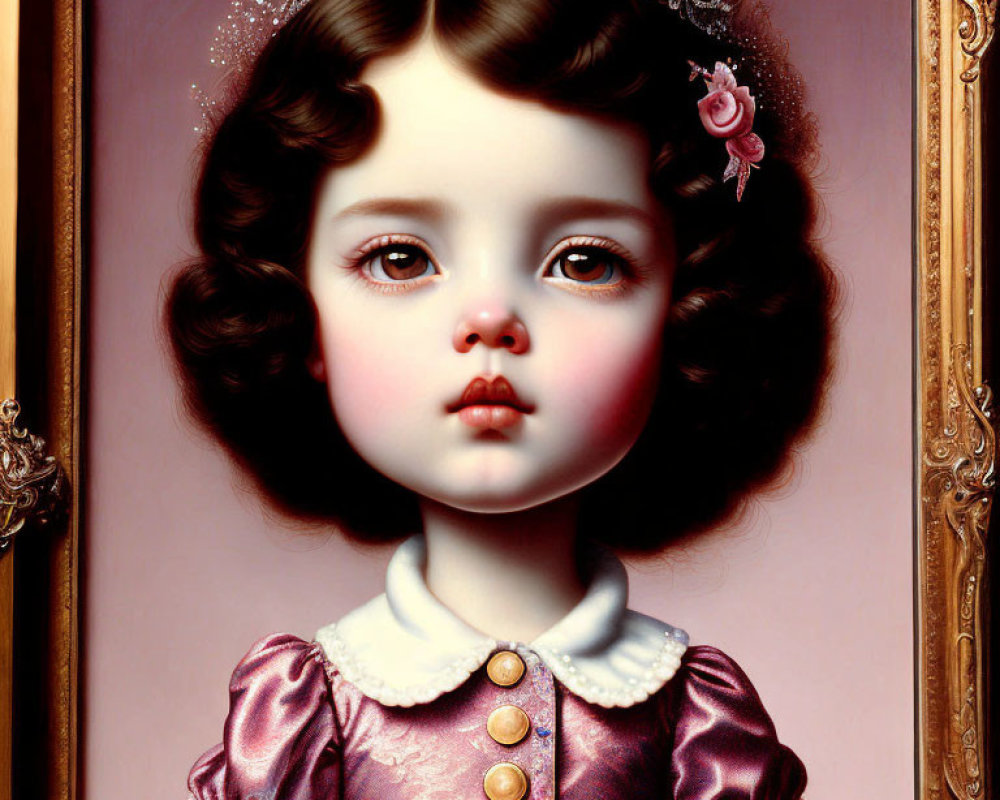Digital portrait of doll-like girl in vintage pink dress with tiara, framed by ornate golden border