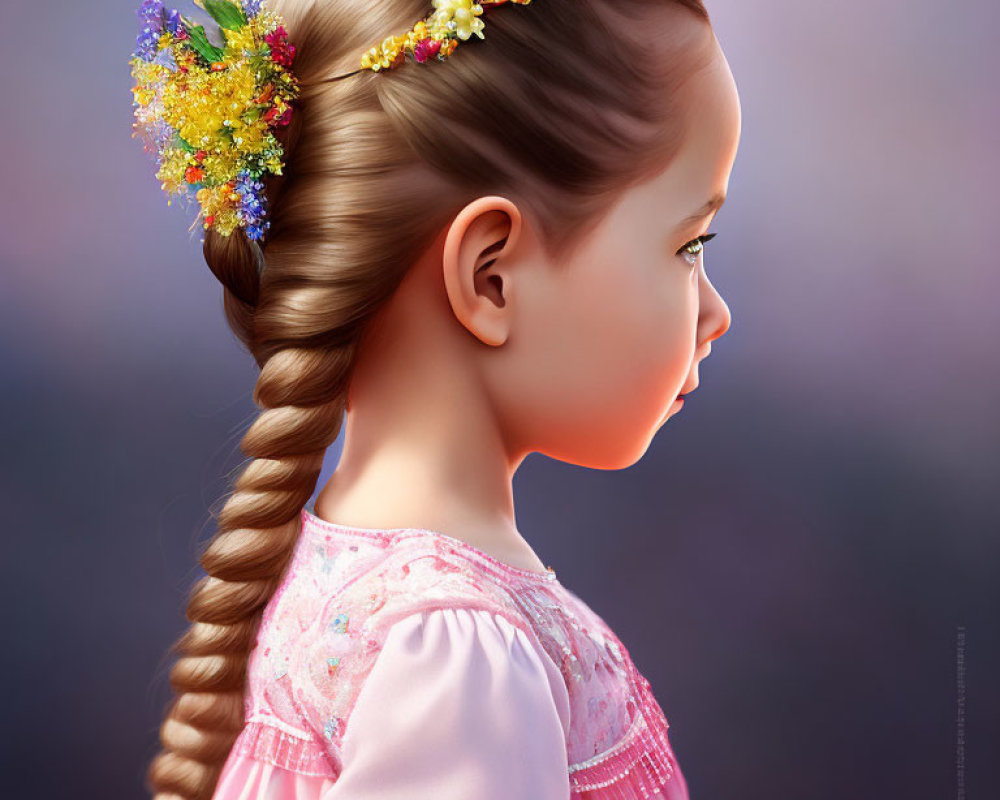 Young girl with long braid and floral hair adornment in pink dress.