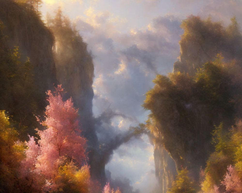 Tranquil landscape painting of lush valley with pink-flowering trees