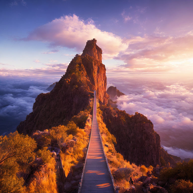 Wooden walkway to mountain peak above clouds at sunset with purple sky