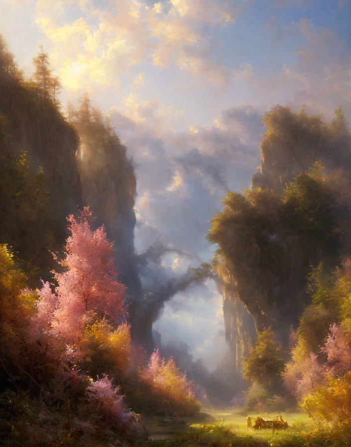 Tranquil landscape painting of lush valley with pink-flowering trees