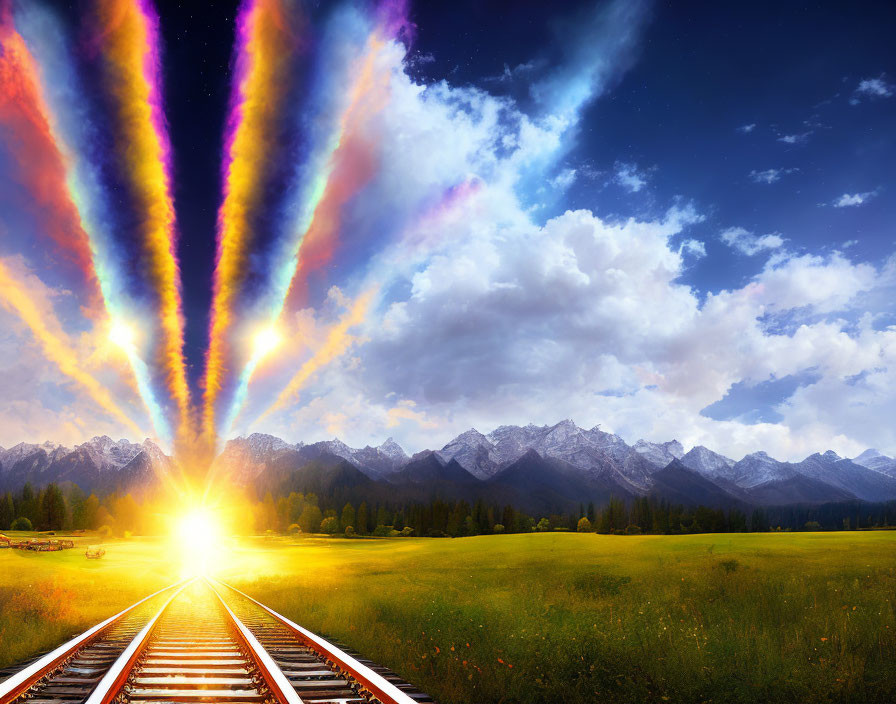 Colorful sunset over train tracks, mountains, and fields
