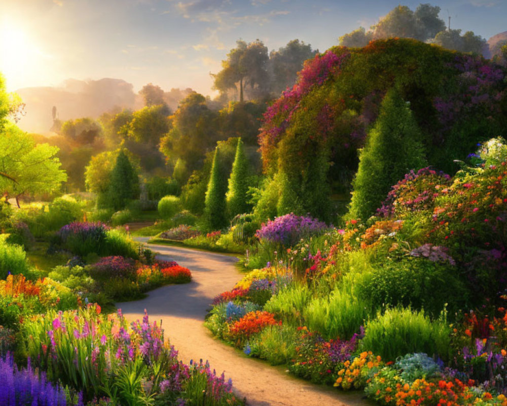 Vibrant garden with lush greenery and colorful flowers at sunrise