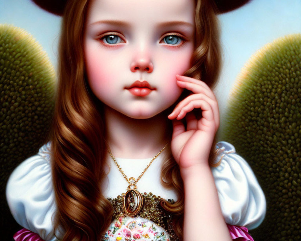 Hyperrealistic Painting of Young Girl with Blue Eyes and Bonnet