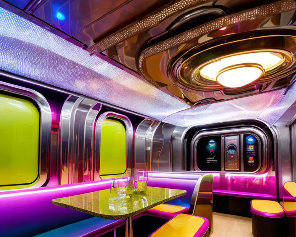 Modern interior design with neon lights, metallic surfaces, sleek furniture, and colorful accents