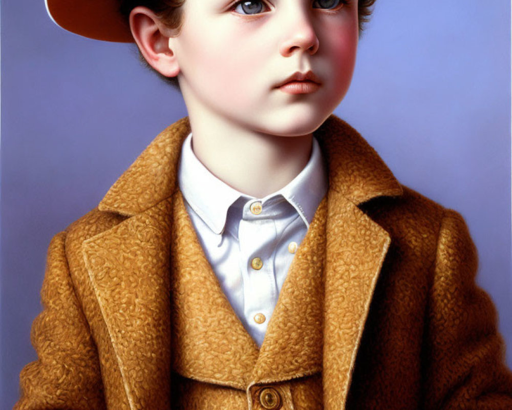 Young child with curly hair in brown coat, white shirt, red firefighter hat