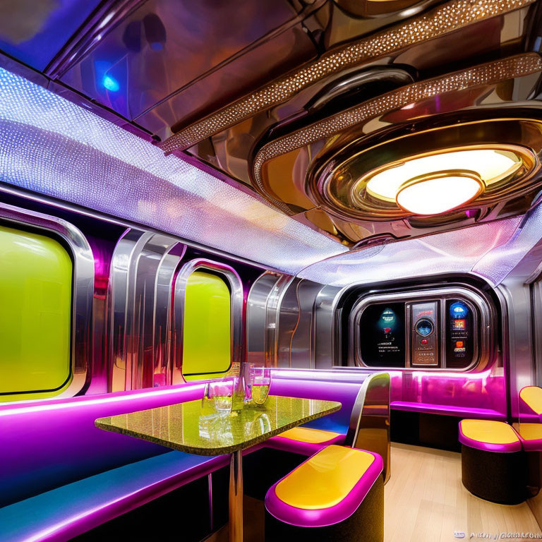 Modern interior design with neon lights, metallic surfaces, sleek furniture, and colorful accents