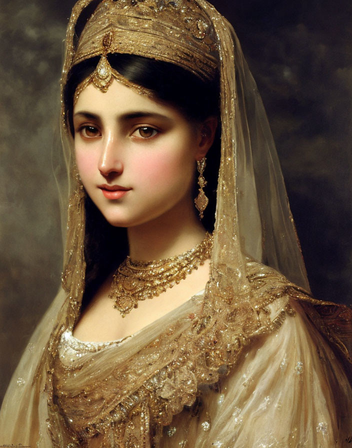 Traditional attire portrait of a woman with jeweled accessories