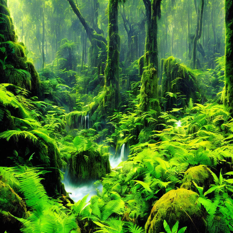 Serene forest scene with moss-covered trees, ferns, and waterfall