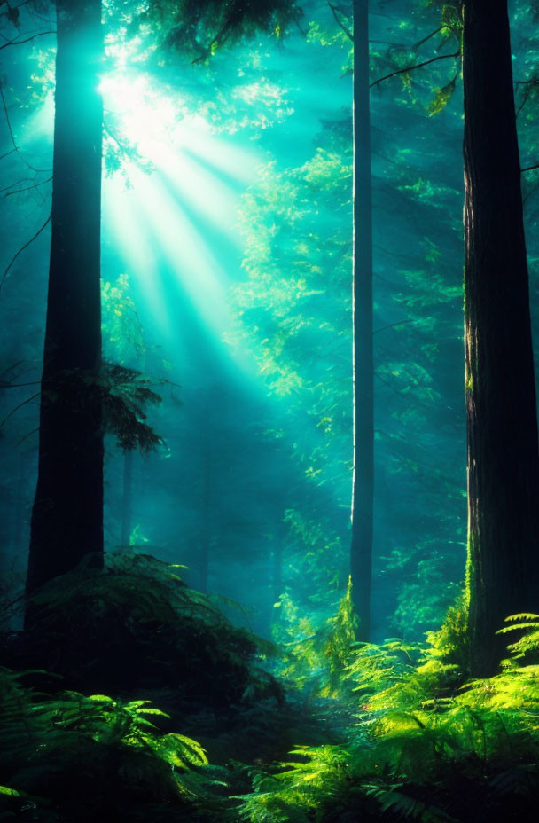 Misty forest scene with sunlight rays and green ferns