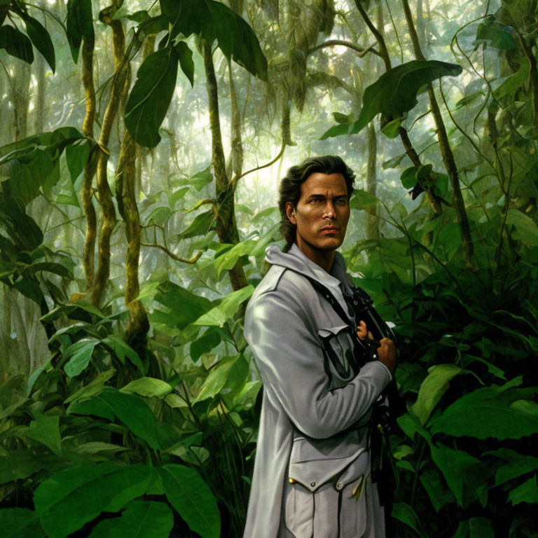 Man in grey coat with binoculars in misty jungle surrounded by large green leaves