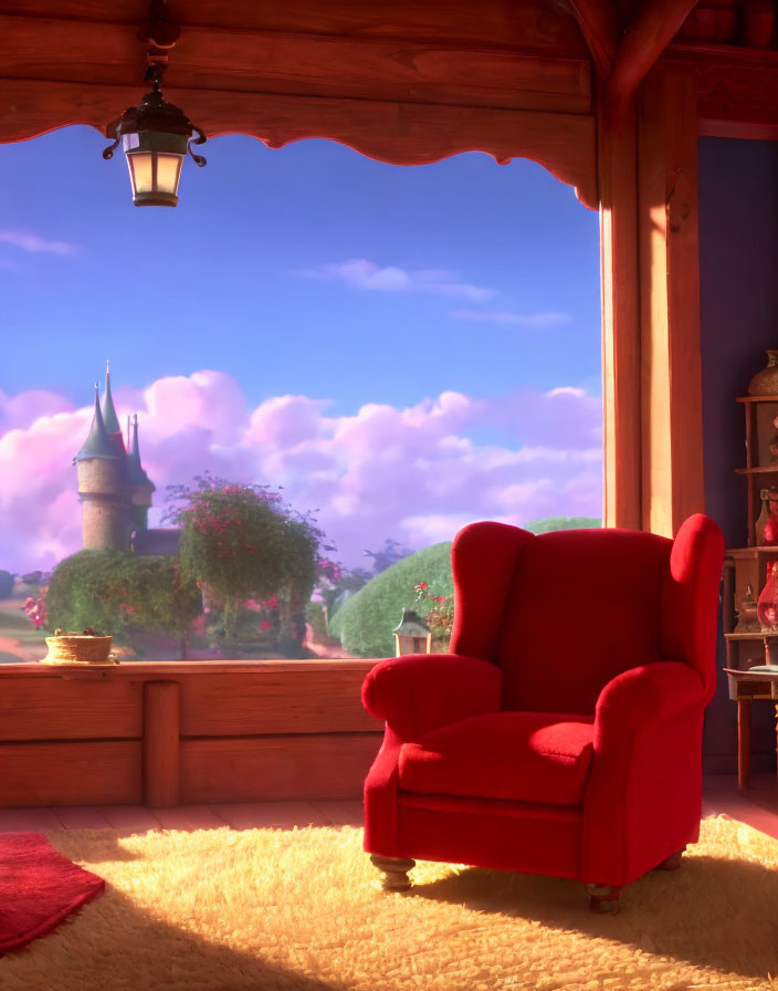 Warm Ambience Room with Red Armchair & Castle View