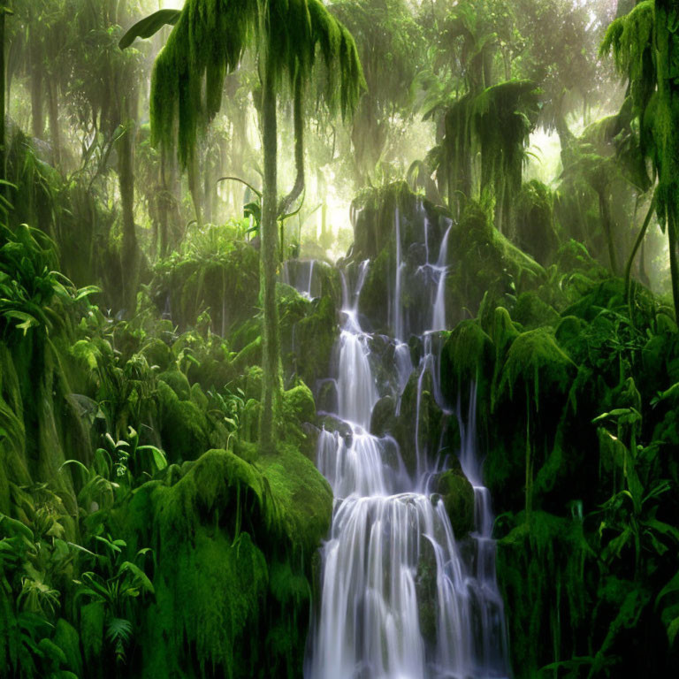 Tranquil waterfall in lush, misty forest with green moss.