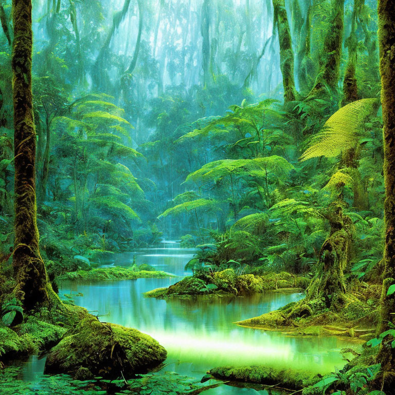 Tranquil misty forest with moss-covered trees and serene water body