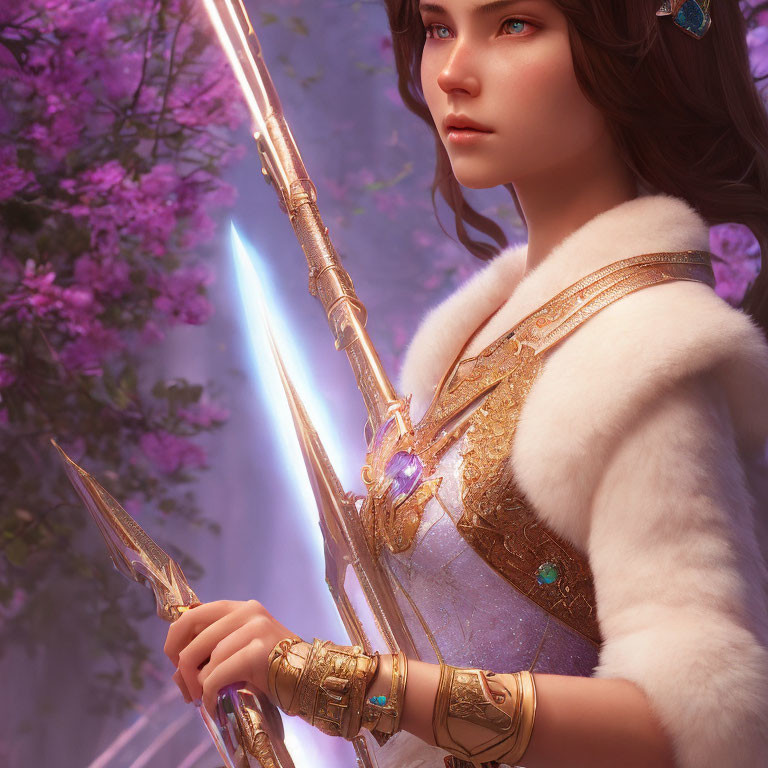 Digital artwork: Woman with glowing sword in pink blossom setting