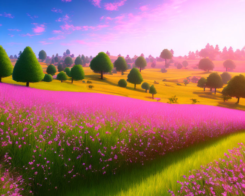 Vibrant landscape with purple flowers, green trees, and colorful sunset sky
