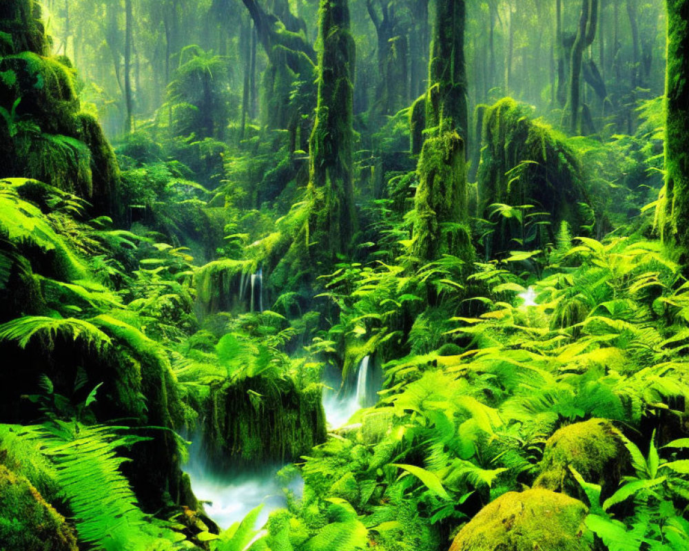 Serene forest scene with moss-covered trees, ferns, and waterfall