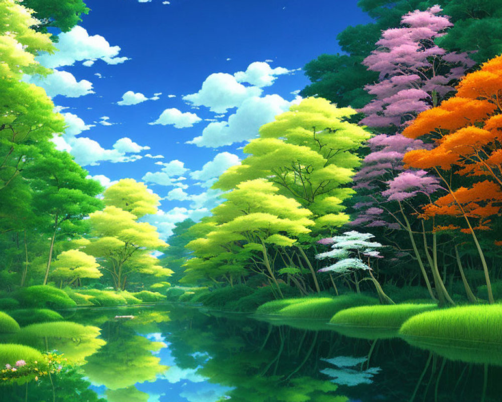 Colorful Trees Reflecting in Calm River Under Blue Sky
