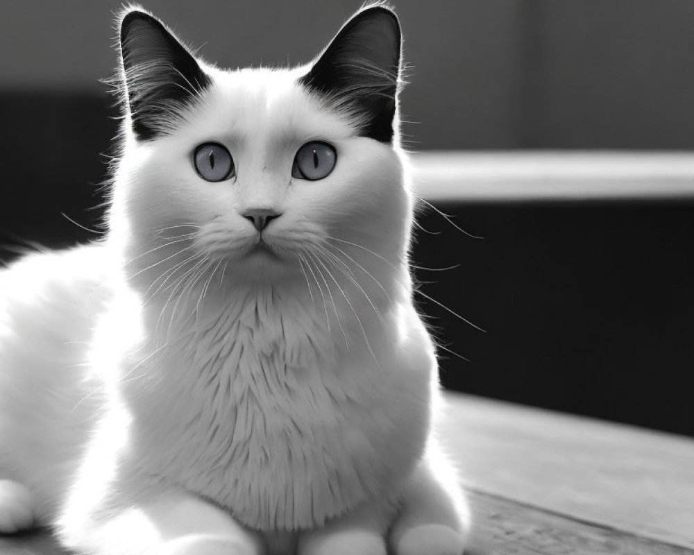 Black and white photo of white cat with blue eyes on wooden surface