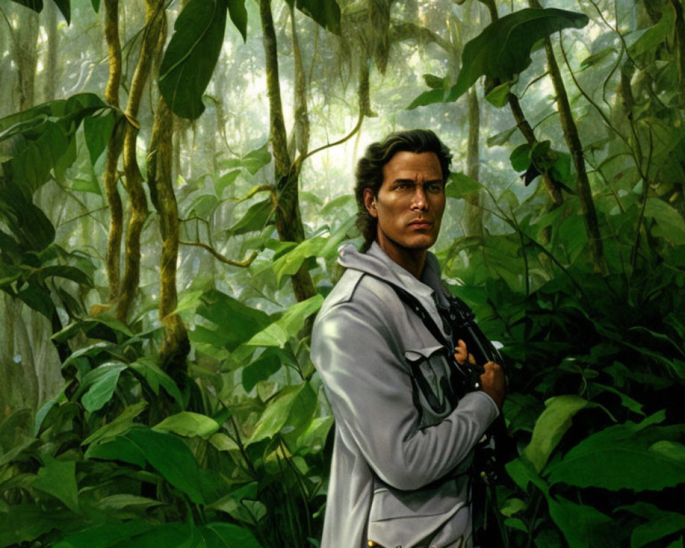 Man in grey coat with binoculars in misty jungle surrounded by large green leaves
