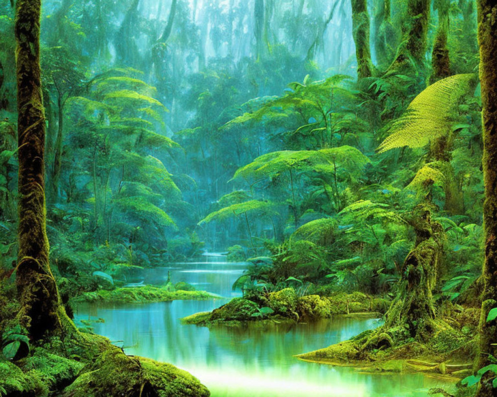 Tranquil misty forest with moss-covered trees and serene water body