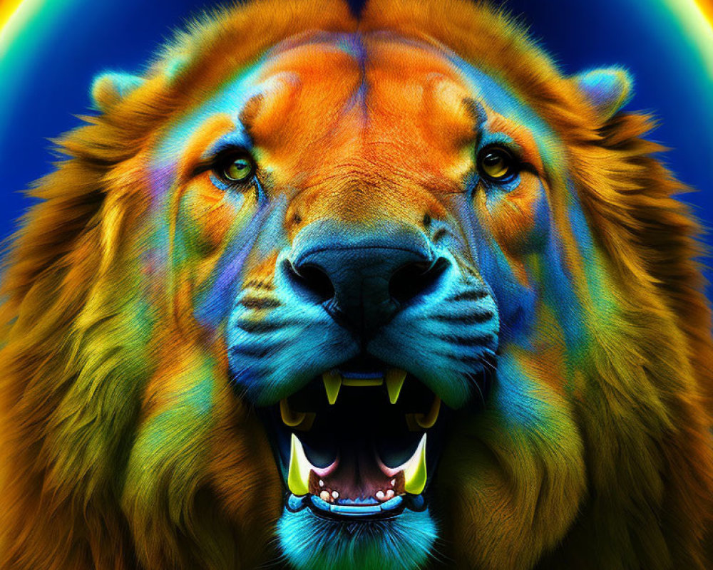 Colorful Lion Face Artwork with Rainbow Mane on Dark Background