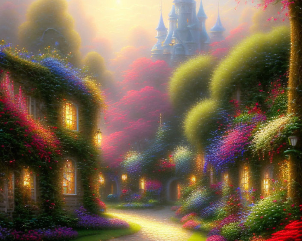 Colorful Flowers and Cobblestone Path to Enchanting Castle at Sunrise