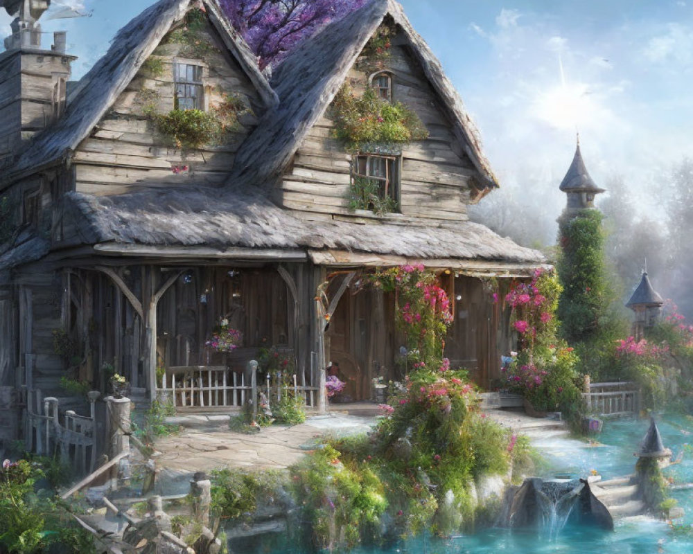Charming cottage surrounded by blooming flowers and a clear stream