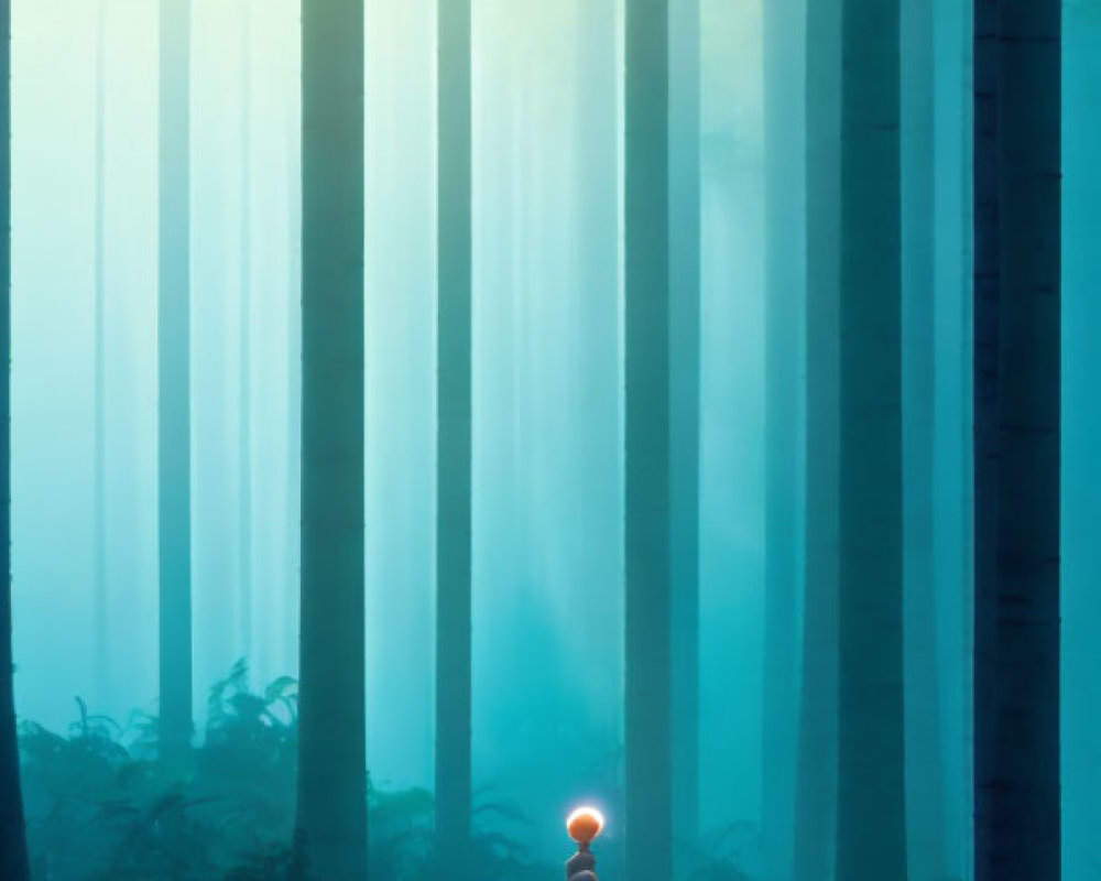 Person walking in misty forest with glowing orb and flames among blue flowers
