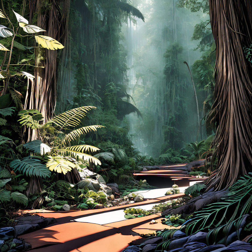 Serene forest path with sunlight filtering through dense canopy