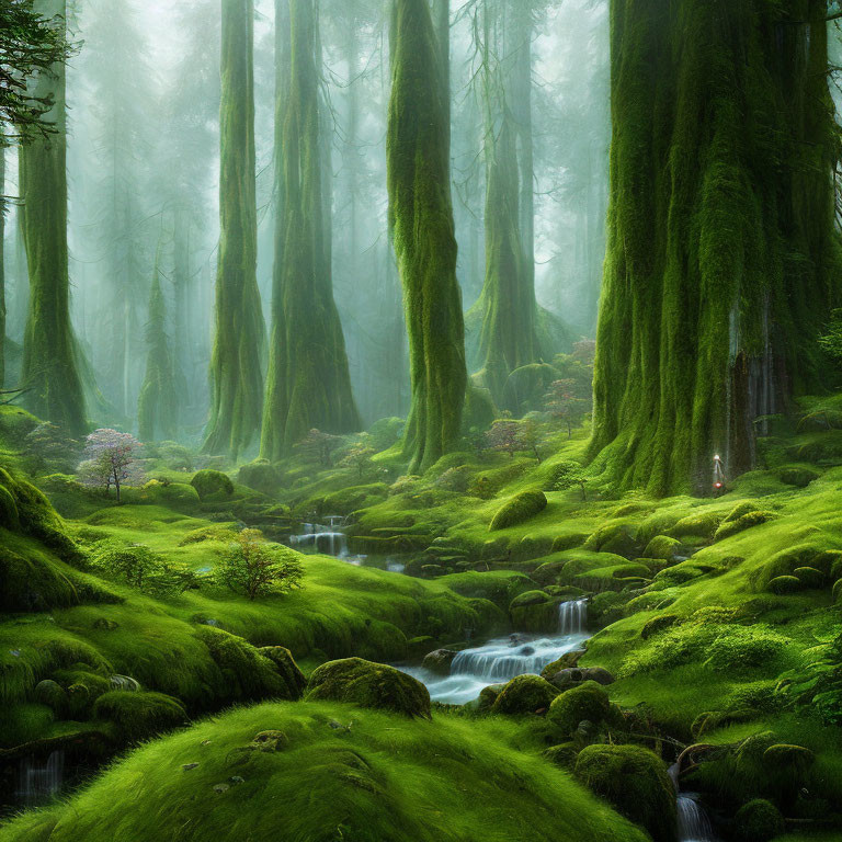 Enchanting misty forest scene with moss-covered trees and a serene stream.