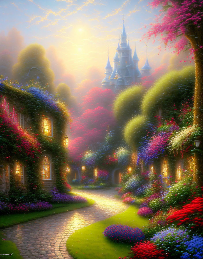 Colorful Flowers and Cobblestone Path to Enchanting Castle at Sunrise