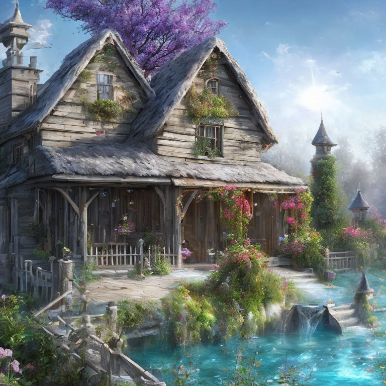 Charming cottage surrounded by blooming flowers and a clear stream