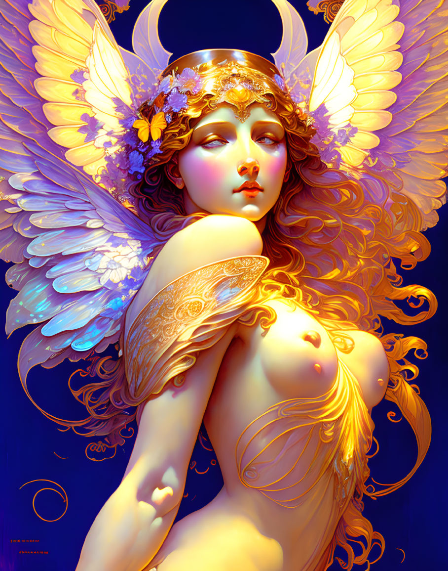 Golden-winged figure with floral headpiece and swirling patterns on blue background