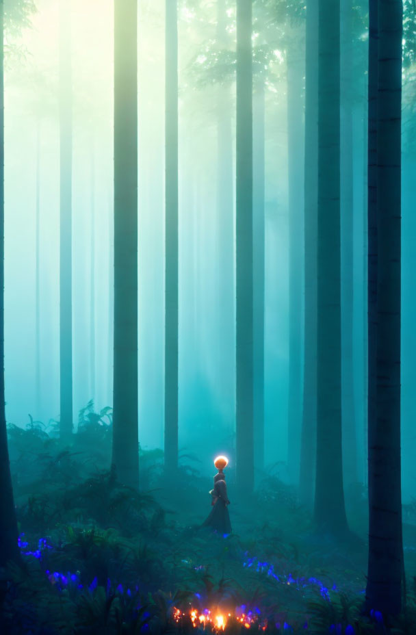 Person walking in misty forest with glowing orb and flames among blue flowers