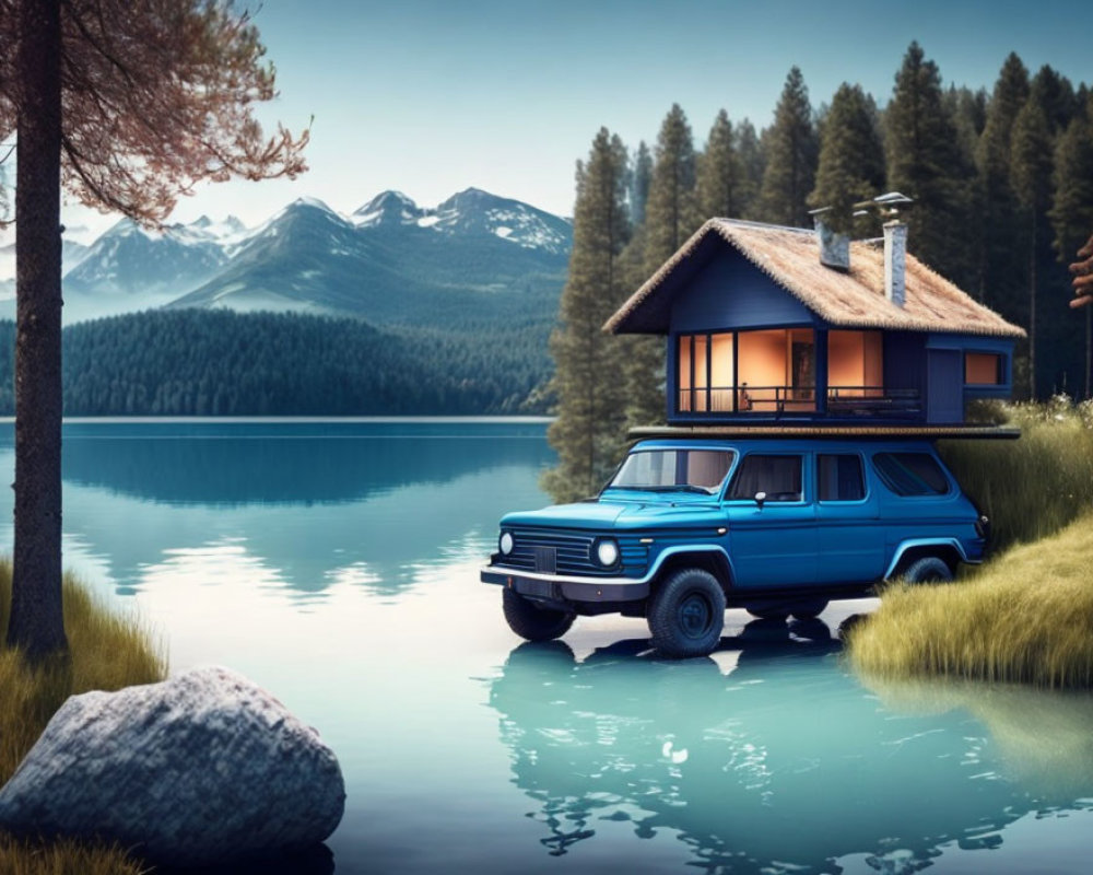 Tranquil lakeside scene with blue SUV near cabin in mountain forest