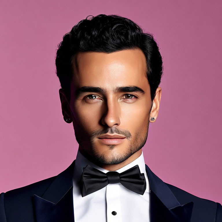 Sophisticated man in bow tie on pink backdrop