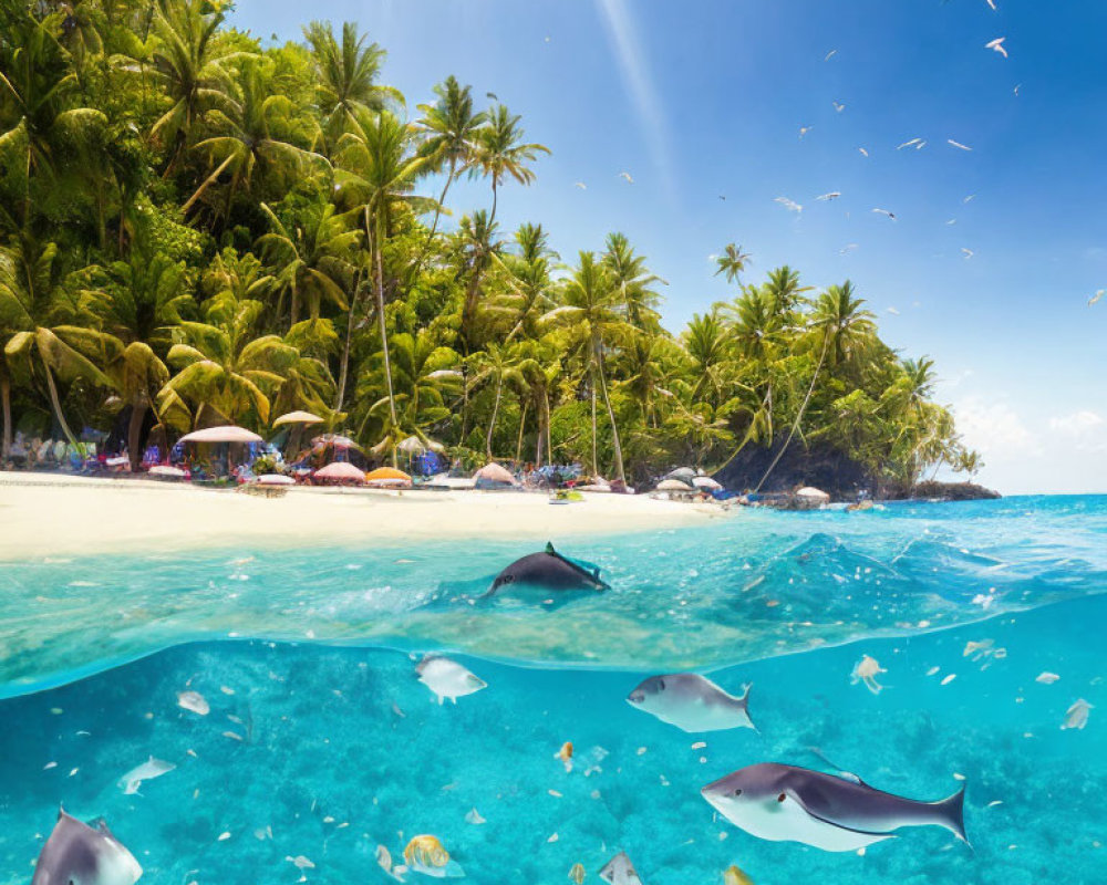 Tropical Beach Scene with Palm Trees, Sunbathers, Fish, and Rays