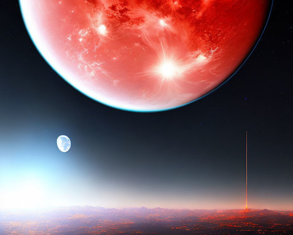 Futuristic cityscape with red planet, moon, and light beam