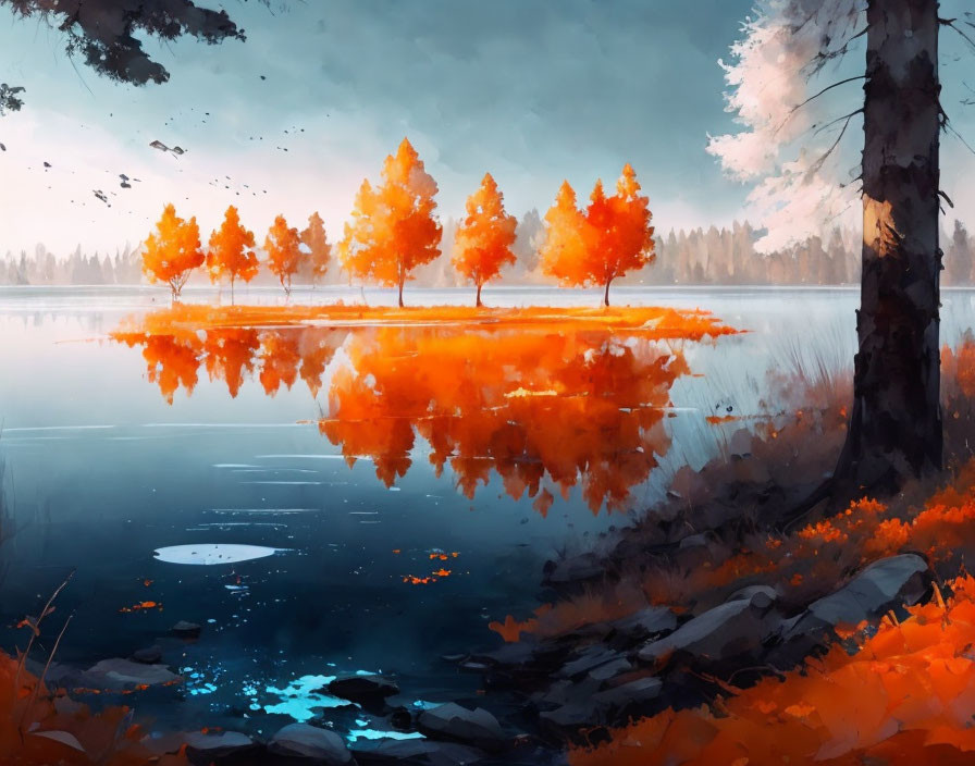 Tranquil autumn landscape with vibrant orange trees and calm lake