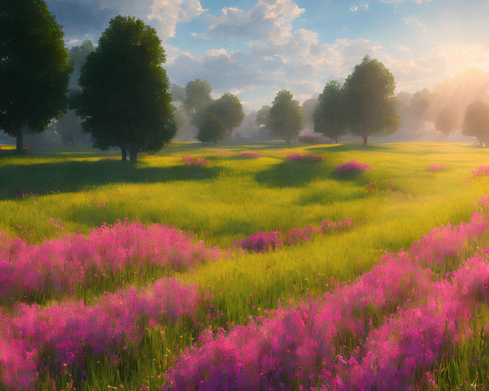 Serene sunrise over pink wildflowers and scattered trees
