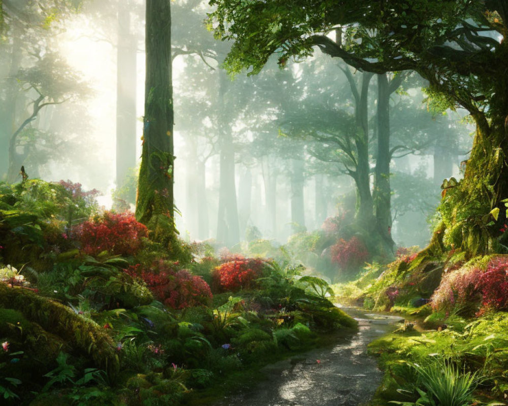 Sunlit Forest Path with Lush Greenery and Towering Trees