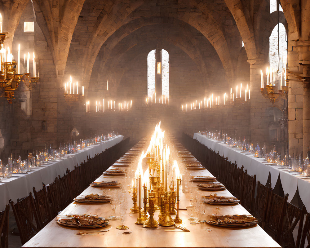 Medieval dining hall with long wooden table set for feast
