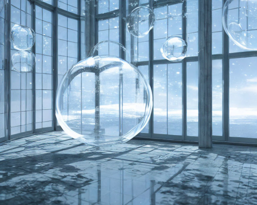 Futuristic room with large windows and hanging spherical chairs overlooking snowy landscape