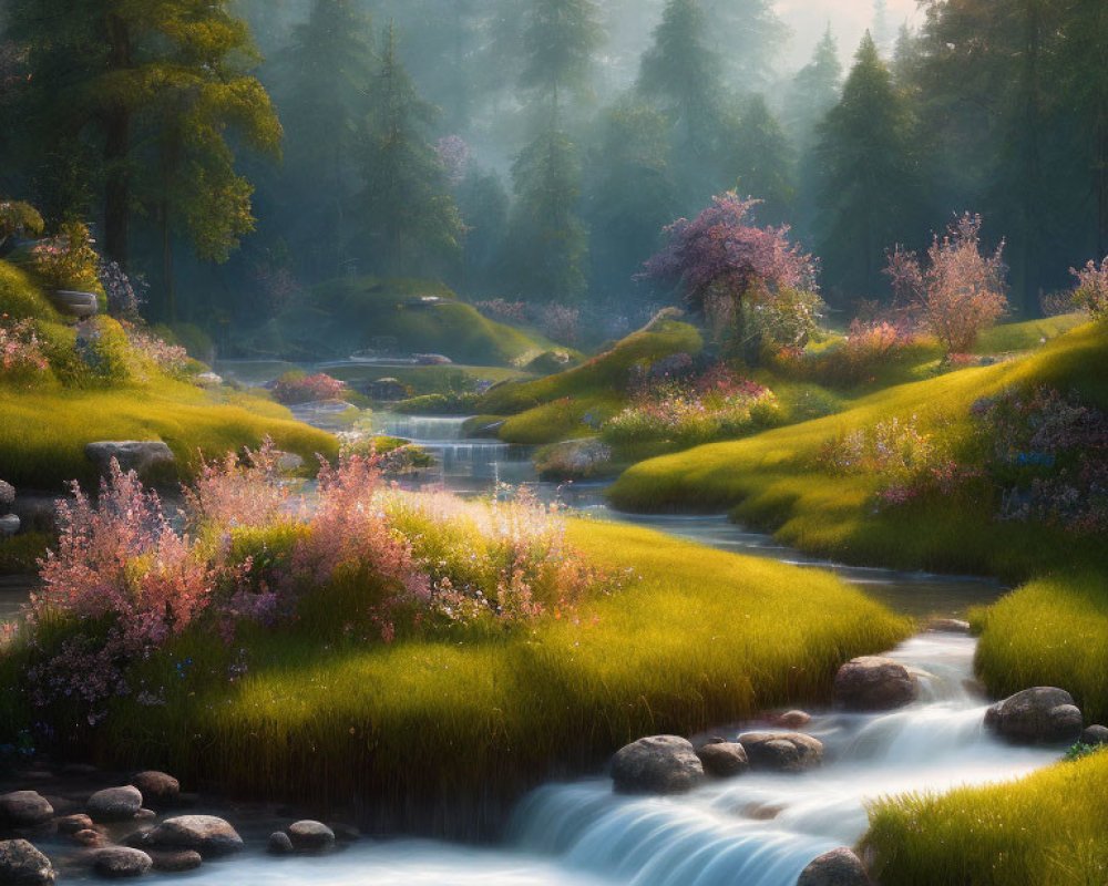 Tranquil Stream in Sunlit Forest with Flowering Trees