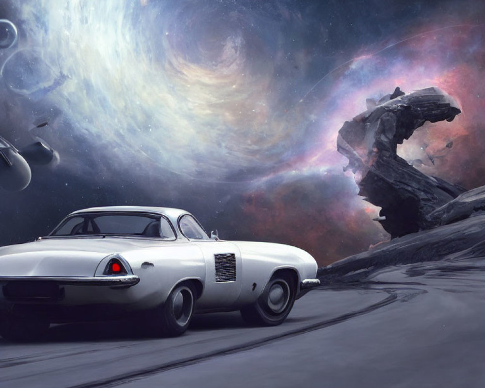 Vintage White Sports Car on Rocky Terrain with Surreal Space Background