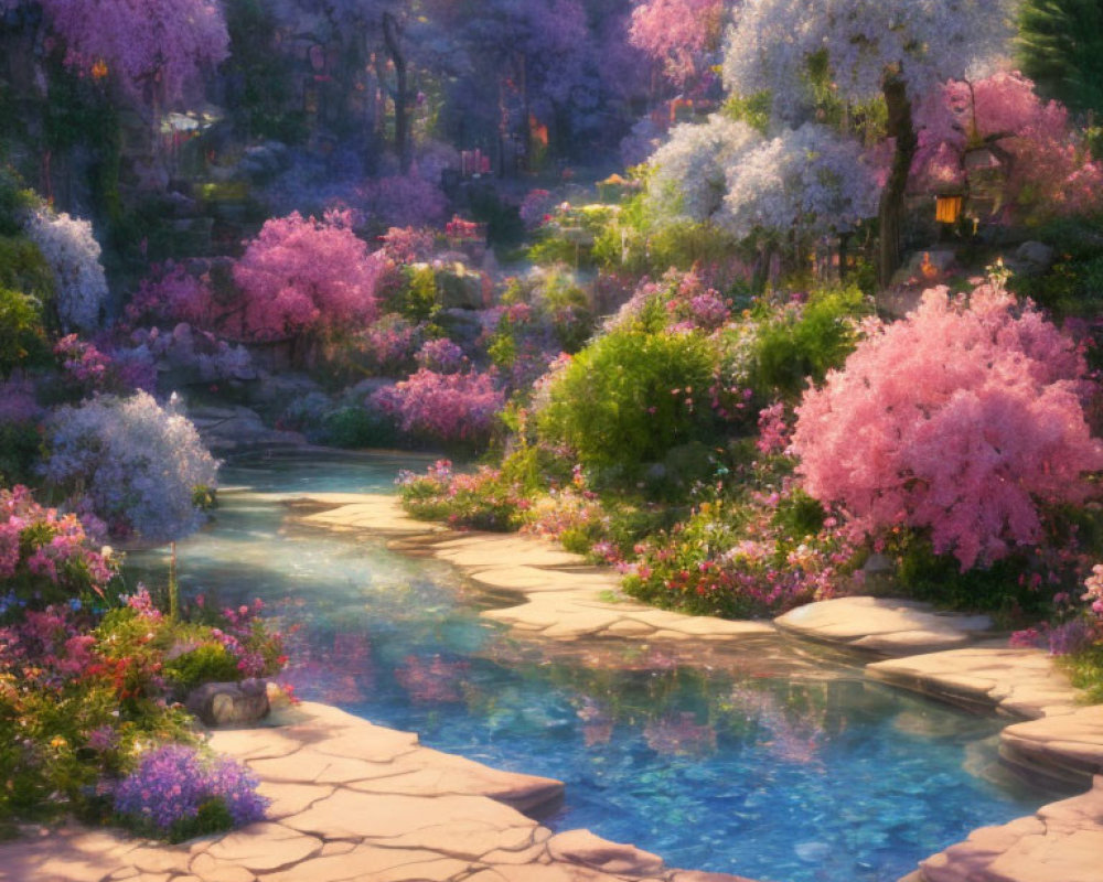 Tranquil garden with pink and white flowers, stream, stone pathways