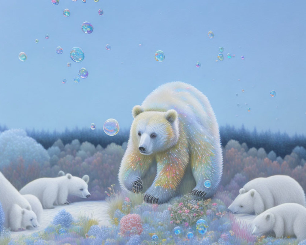 Vibrant illustration of sparkling bear with polar bears in pastel forest
