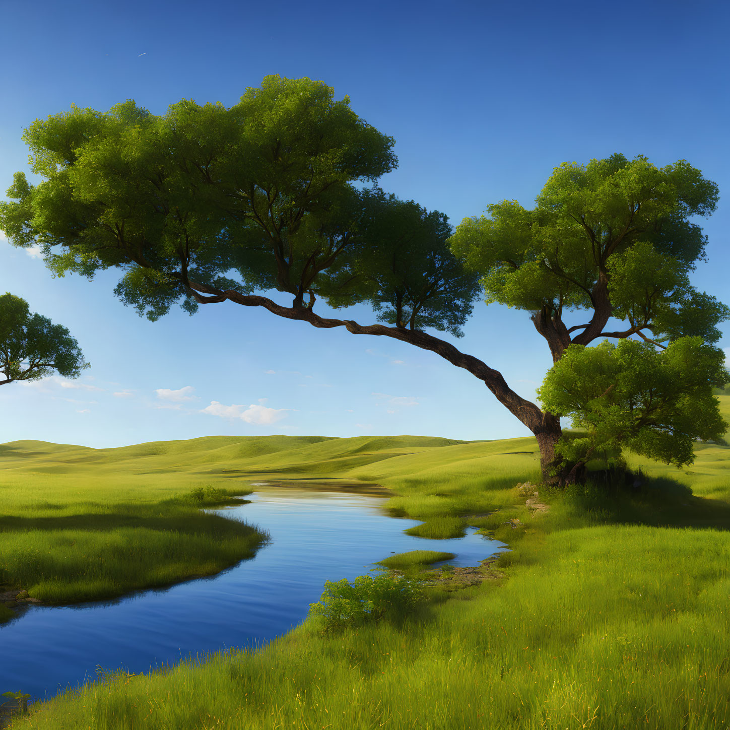 Serene landscape with lush green tree, blue river, and rolling hills