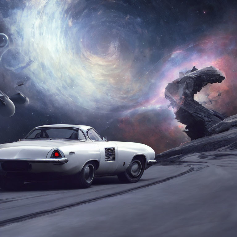 Vintage White Sports Car on Rocky Terrain with Surreal Space Background